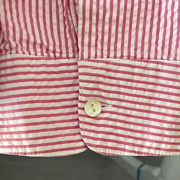 L.L. Bean Pink and White Seersucker Cotton Button up Blouse 3/4 Sleeve SZ XL - Picture 4 of 8